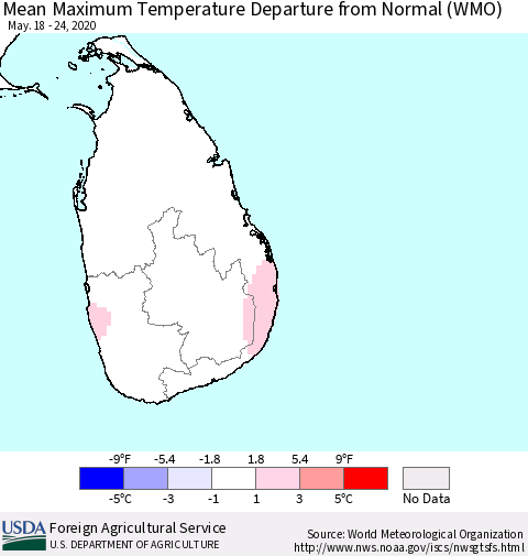 Sri Lanka Mean Maximum Temperature Departure from Normal (WMO) Thematic Map For 5/18/2020 - 5/24/2020