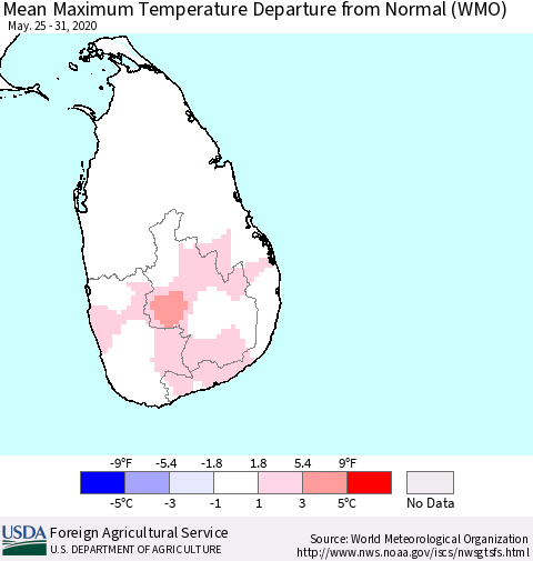 Sri Lanka Maximum Temperature Departure From Normal (WMO) Thematic Map For 5/25/2020 - 5/31/2020