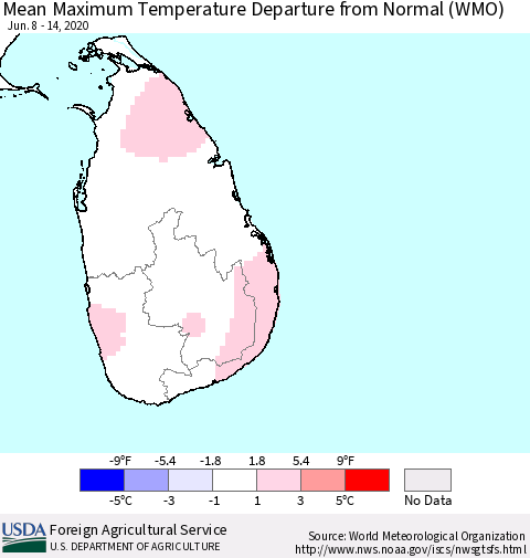 Sri Lanka Maximum Temperature Departure From Normal (WMO) Thematic Map For 6/8/2020 - 6/14/2020