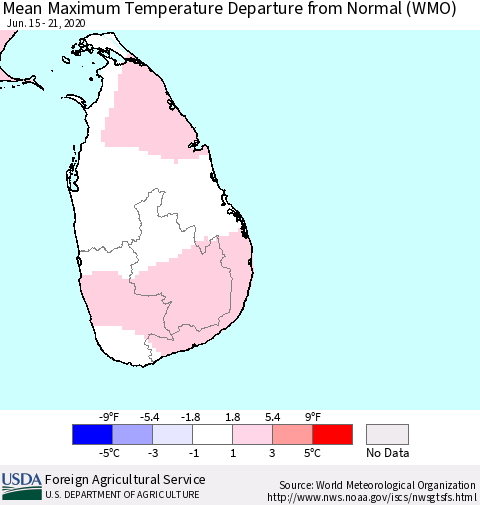 Sri Lanka Mean Maximum Temperature Departure from Normal (WMO) Thematic Map For 6/15/2020 - 6/21/2020
