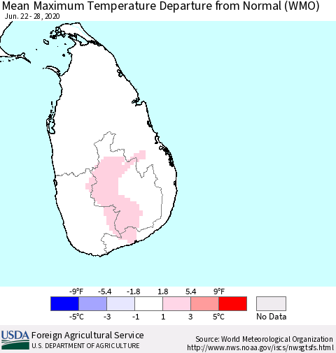 Sri Lanka Maximum Temperature Departure From Normal (WMO) Thematic Map For 6/22/2020 - 6/28/2020