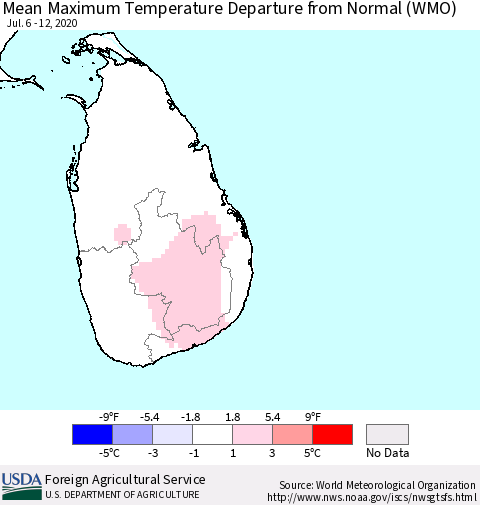 Sri Lanka Mean Maximum Temperature Departure from Normal (WMO) Thematic Map For 7/6/2020 - 7/12/2020