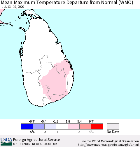 Sri Lanka Mean Maximum Temperature Departure from Normal (WMO) Thematic Map For 7/13/2020 - 7/19/2020