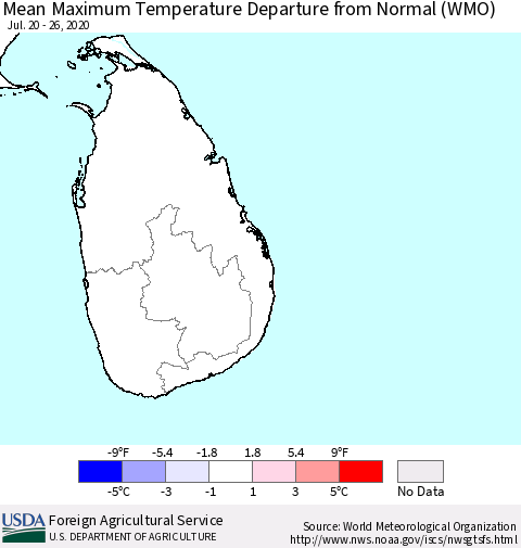 Sri Lanka Mean Maximum Temperature Departure from Normal (WMO) Thematic Map For 7/20/2020 - 7/26/2020