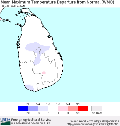 Sri Lanka Mean Maximum Temperature Departure from Normal (WMO) Thematic Map For 7/27/2020 - 8/2/2020