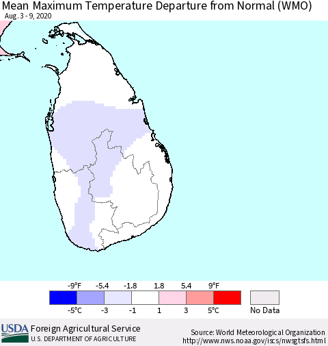 Sri Lanka Mean Maximum Temperature Departure from Normal (WMO) Thematic Map For 8/3/2020 - 8/9/2020