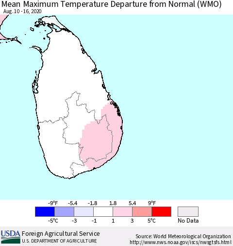 Sri Lanka Mean Maximum Temperature Departure from Normal (WMO) Thematic Map For 8/10/2020 - 8/16/2020