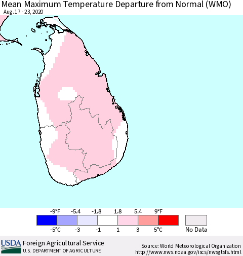 Sri Lanka Mean Maximum Temperature Departure from Normal (WMO) Thematic Map For 8/17/2020 - 8/23/2020
