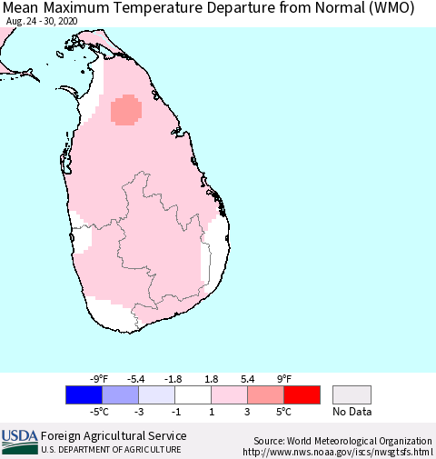 Sri Lanka Mean Maximum Temperature Departure from Normal (WMO) Thematic Map For 8/24/2020 - 8/30/2020