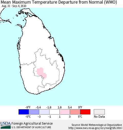 Sri Lanka Mean Maximum Temperature Departure from Normal (WMO) Thematic Map For 8/31/2020 - 9/6/2020