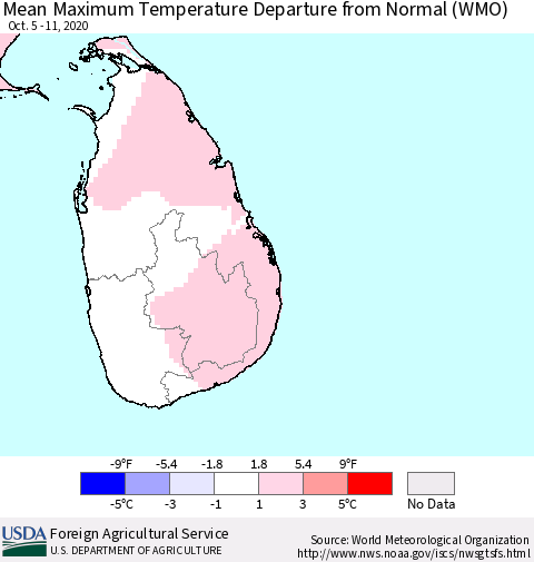 Sri Lanka Maximum Temperature Departure from Normal (WMO) Thematic Map For 10/5/2020 - 10/11/2020