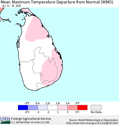 Sri Lanka Mean Maximum Temperature Departure from Normal (WMO) Thematic Map For 10/12/2020 - 10/18/2020