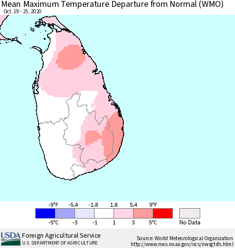 Sri Lanka Mean Maximum Temperature Departure from Normal (WMO) Thematic Map For 10/19/2020 - 10/25/2020