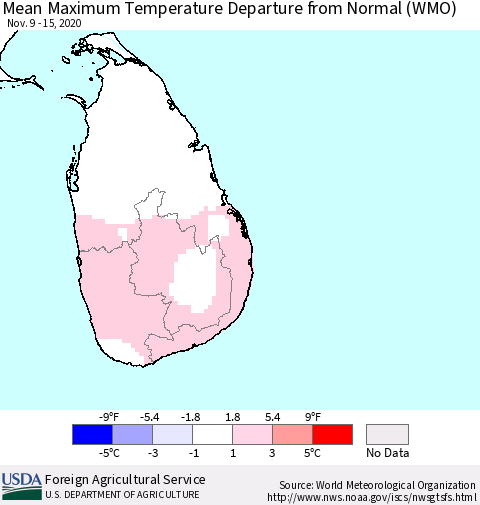 Sri Lanka Maximum Temperature Departure From Normal (WMO) Thematic Map For 11/9/2020 - 11/15/2020