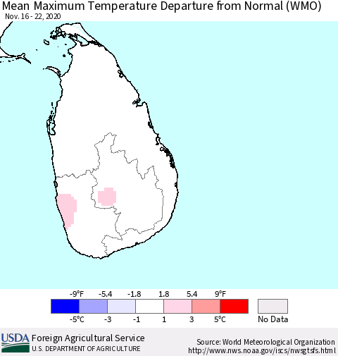 Sri Lanka Mean Maximum Temperature Departure from Normal (WMO) Thematic Map For 11/16/2020 - 11/22/2020