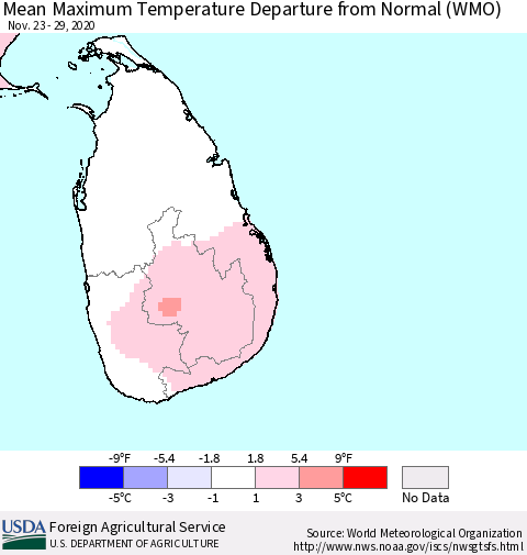 Sri Lanka Mean Maximum Temperature Departure from Normal (WMO) Thematic Map For 11/23/2020 - 11/29/2020