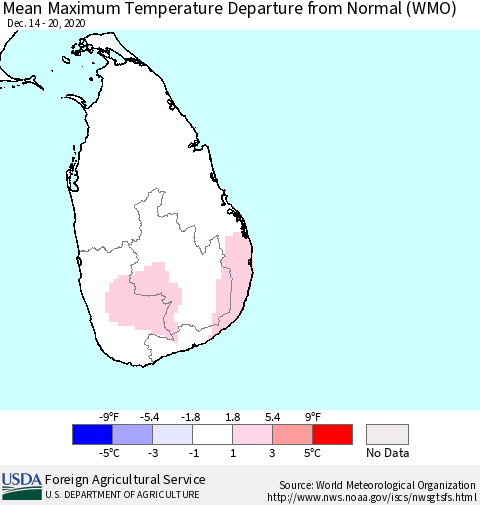 Sri Lanka Mean Maximum Temperature Departure from Normal (WMO) Thematic Map For 12/14/2020 - 12/20/2020