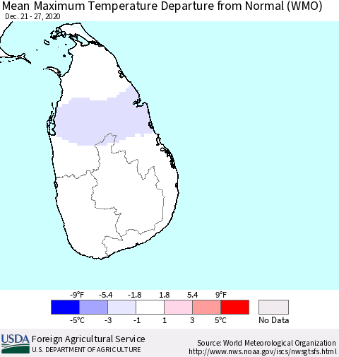 Sri Lanka Maximum Temperature Departure From Normal (WMO) Thematic Map For 12/21/2020 - 12/27/2020