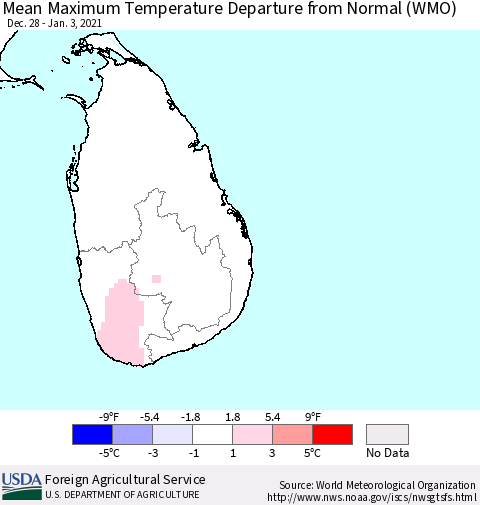 Sri Lanka Mean Maximum Temperature Departure from Normal (WMO) Thematic Map For 12/28/2020 - 1/3/2021