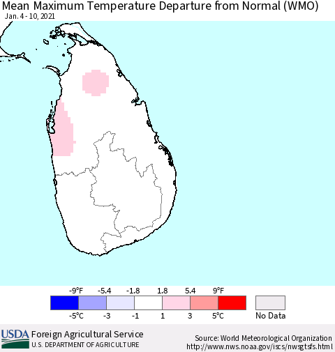 Sri Lanka Mean Maximum Temperature Departure from Normal (WMO) Thematic Map For 1/4/2021 - 1/10/2021