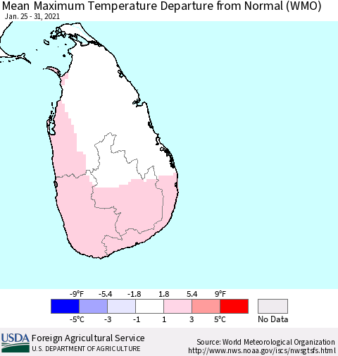 Sri Lanka Maximum Temperature Departure from Normal (WMO) Thematic Map For 1/25/2021 - 1/31/2021