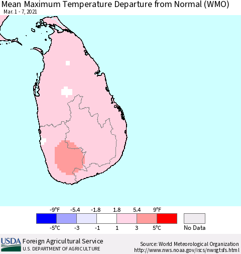 Sri Lanka Maximum Temperature Departure From Normal (WMO) Thematic Map For 3/1/2021 - 3/7/2021