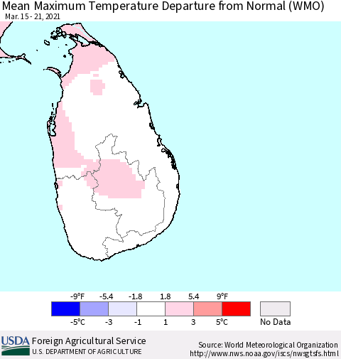 Sri Lanka Maximum Temperature Departure From Normal (WMO) Thematic Map For 3/15/2021 - 3/21/2021