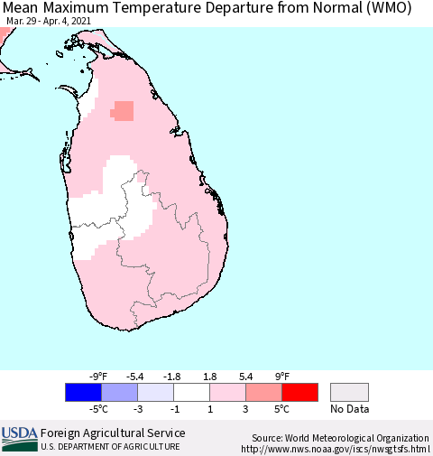 Sri Lanka Mean Maximum Temperature Departure from Normal (WMO) Thematic Map For 3/29/2021 - 4/4/2021