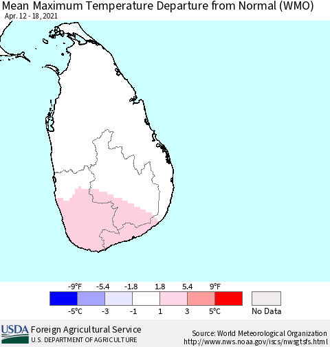 Sri Lanka Mean Maximum Temperature Departure from Normal (WMO) Thematic Map For 4/12/2021 - 4/18/2021