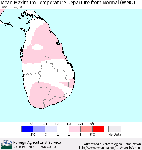 Sri Lanka Maximum Temperature Departure from Normal (WMO) Thematic Map For 4/19/2021 - 4/25/2021