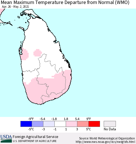 Sri Lanka Maximum Temperature Departure from Normal (WMO) Thematic Map For 4/26/2021 - 5/2/2021