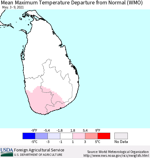 Sri Lanka Maximum Temperature Departure from Normal (WMO) Thematic Map For 5/3/2021 - 5/9/2021