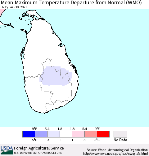 Sri Lanka Mean Maximum Temperature Departure from Normal (WMO) Thematic Map For 5/24/2021 - 5/30/2021