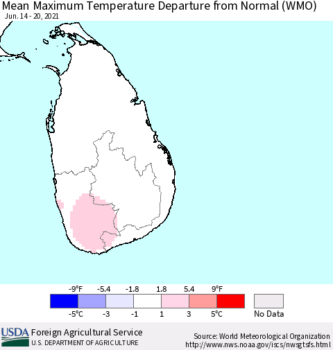 Sri Lanka Mean Maximum Temperature Departure from Normal (WMO) Thematic Map For 6/14/2021 - 6/20/2021