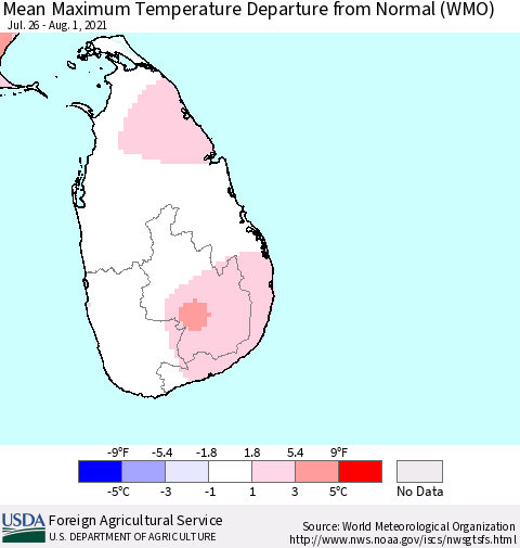 Sri Lanka Maximum Temperature Departure from Normal (WMO) Thematic Map For 7/26/2021 - 8/1/2021