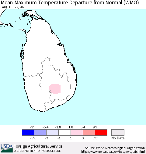 Sri Lanka Maximum Temperature Departure from Normal (WMO) Thematic Map For 8/16/2021 - 8/22/2021