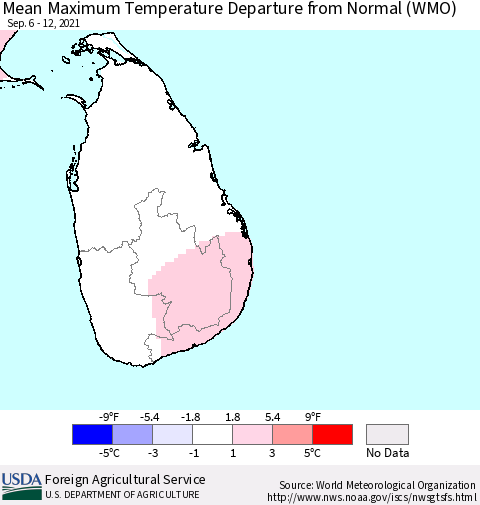 Sri Lanka Mean Maximum Temperature Departure from Normal (WMO) Thematic Map For 9/6/2021 - 9/12/2021