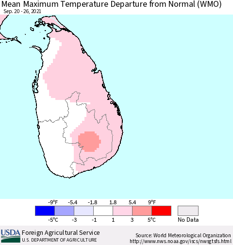 Sri Lanka Mean Maximum Temperature Departure from Normal (WMO) Thematic Map For 9/20/2021 - 9/26/2021