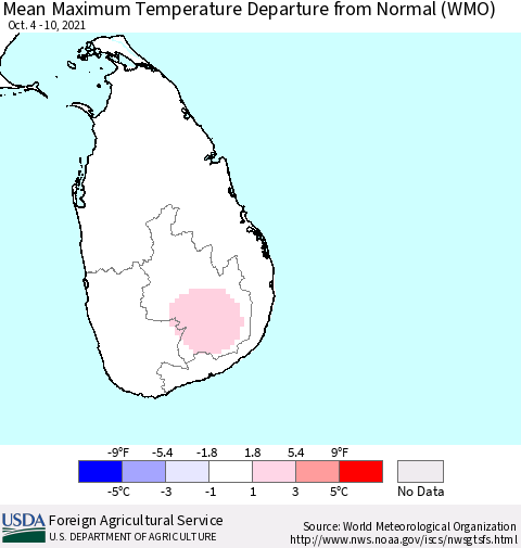 Sri Lanka Mean Maximum Temperature Departure from Normal (WMO) Thematic Map For 10/4/2021 - 10/10/2021