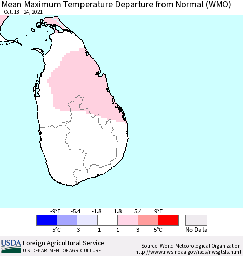 Sri Lanka Mean Maximum Temperature Departure from Normal (WMO) Thematic Map For 10/18/2021 - 10/24/2021