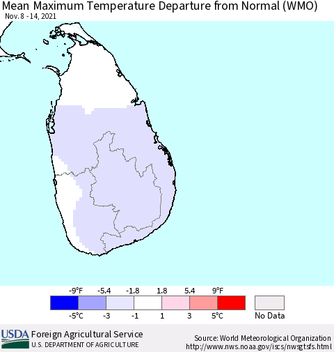 Sri Lanka Maximum Temperature Departure From Normal (WMO) Thematic Map For 11/8/2021 - 11/14/2021