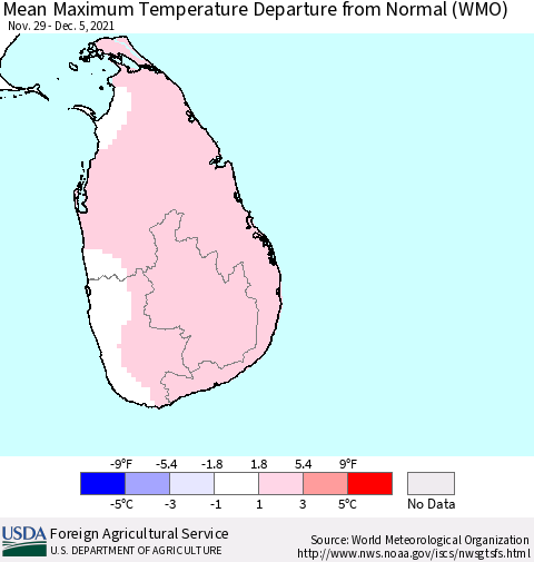 Sri Lanka Maximum Temperature Departure From Normal (WMO) Thematic Map For 11/29/2021 - 12/5/2021