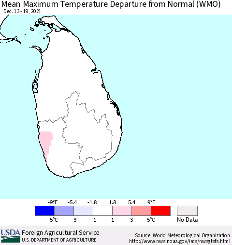 Sri Lanka Mean Maximum Temperature Departure from Normal (WMO) Thematic Map For 12/13/2021 - 12/19/2021
