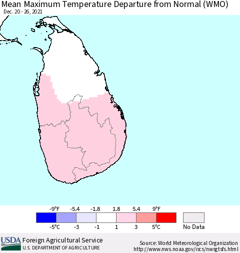 Sri Lanka Maximum Temperature Departure from Normal (WMO) Thematic Map For 12/20/2021 - 12/26/2021