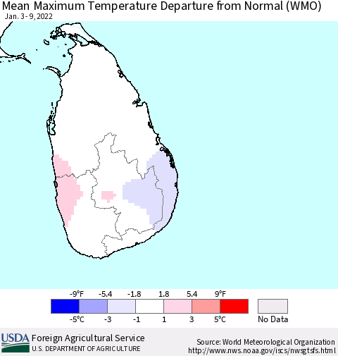 Sri Lanka Mean Maximum Temperature Departure from Normal (WMO) Thematic Map For 1/3/2022 - 1/9/2022
