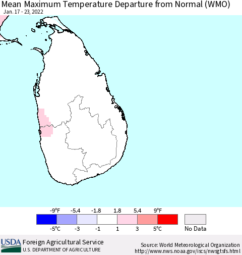 Sri Lanka Mean Maximum Temperature Departure from Normal (WMO) Thematic Map For 1/17/2022 - 1/23/2022