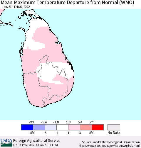 Sri Lanka Mean Maximum Temperature Departure from Normal (WMO) Thematic Map For 1/31/2022 - 2/6/2022