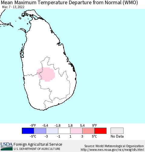 Sri Lanka Mean Maximum Temperature Departure from Normal (WMO) Thematic Map For 3/7/2022 - 3/13/2022
