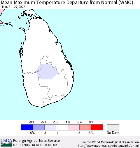 Sri Lanka Mean Maximum Temperature Departure from Normal (WMO) Thematic Map For 3/21/2022 - 3/27/2022