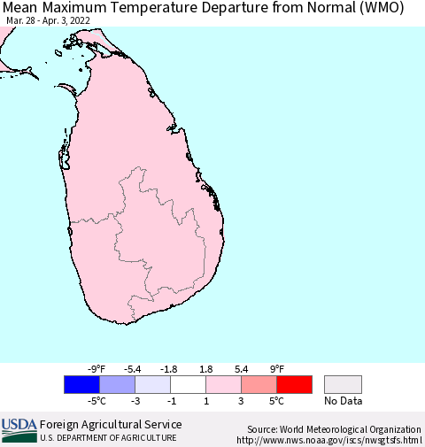 Sri Lanka Mean Maximum Temperature Departure from Normal (WMO) Thematic Map For 3/28/2022 - 4/3/2022